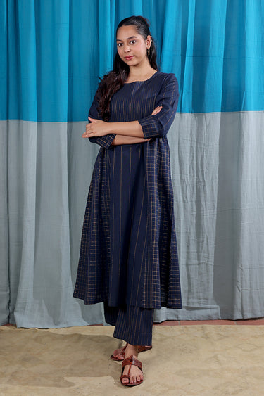 Prussian Blue Thick Stripes Zari South Cotton Women Long Kurta Long Sleeves WLKLS253C69