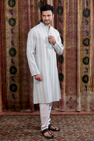 Blue Grey Stripes Cotton Linen Men Long Kurta Full Sleeves MLKFS253C32