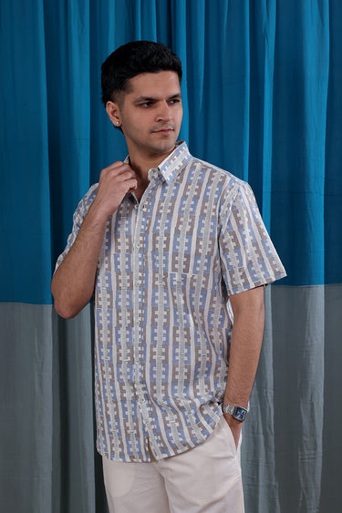 Grey Blue Sanganeri Natural Cotton Linen Men Shirt Half Sleeves MSHHS12252