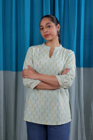 Sea Green Sanganeri Natural Cotton Linen Women Kurti
