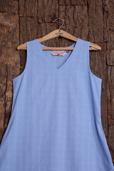 Powder Blue Dobby Checks Natural Cotton Linen Women Midi Dress
