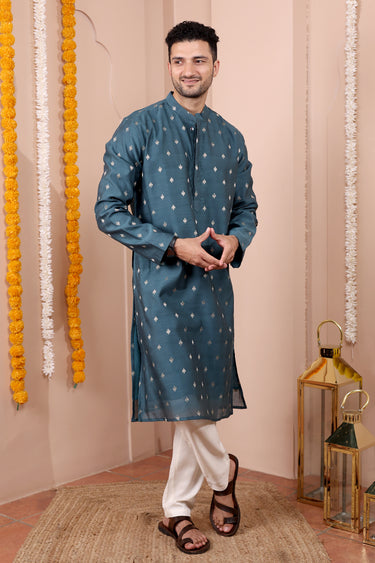 Teal Blue Jaquard Banarasi Silk Men Long Kurta Full Sleeves MLKFS252C57
