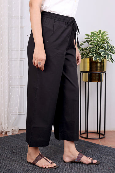 Black Dyed Cotton Flax Women Flared Pant