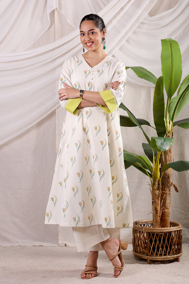 Golden Brown Sanganeri Cotton Dobby Women Long Kurta