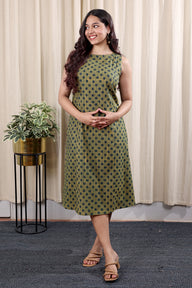 Olive Green Ajrakh Cotton Women Midi Dress Sleeveless WDRSL252C12