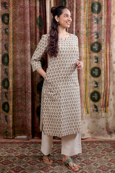 Green Bagru Cotton Flax Women Long Kurta Long Sleeves WLKLS253C29