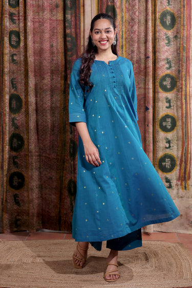 Dark Teal Zari Buti South Cotton Women Ankle Kurta