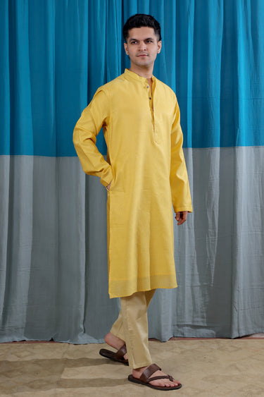 Royal Yellow Stripes Zari Chanderi Silk Men Long Kurta Full Sleeves MLKFS253C57