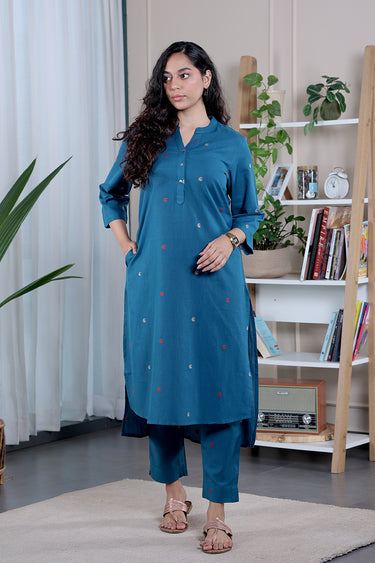 Peacock Blue Dobby South Cotton Women Long Kurta
