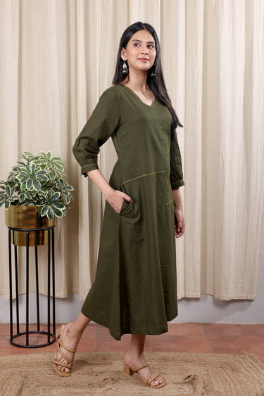 Military Green Hand Dyed Cotton Linen Women Midi Dress Long Sleeves WDRLS252C20