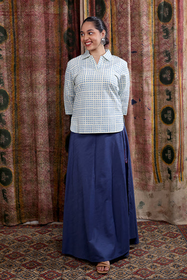 Teal Blue Sanganeri Cotton Linen Women Short Top Long Sleeves WSTLS253C5