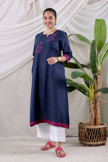 Navy Blue Hand Embroidery South Cotton Women Long Kurta