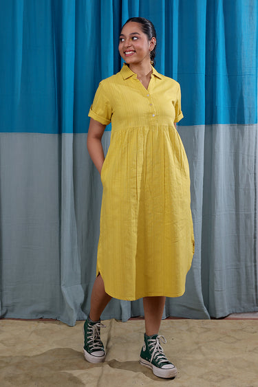Mustard Yellow Dobby Stripes Natural Cotton Linen Women Midi Dress