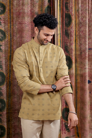 Mud Brown Sanganeri Cotton Linen Men Short Kurta Full Sleeves MSKFS252C65