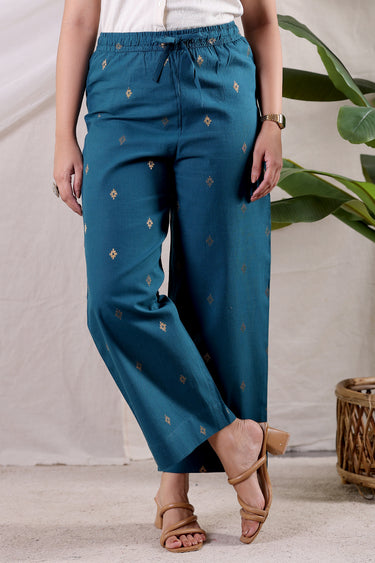 Teal Blue Zari Buti South Cotton Women Flared Pant