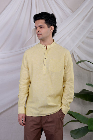 Warm Yellow Stripes South Cotton Flax Men Short Kurta