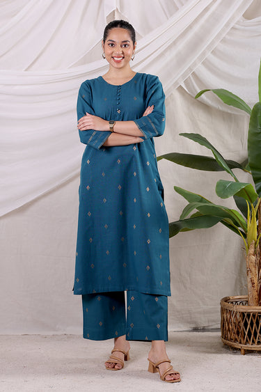 Teal Blue Zari Buti South Cotton Women Long Kurta