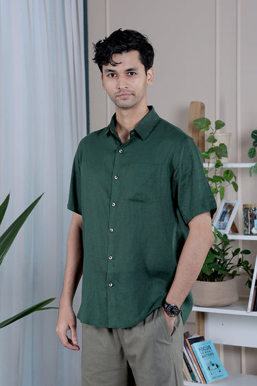 Bottle Green Dyed Lyocell Linen Men Shirt