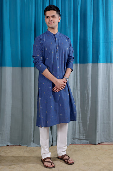 Dark Blue Zari Buti South Cotton Men Long Kurta