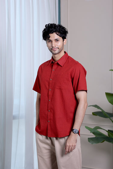 Deep Maroon Dyed Classic Cotton Linen Men Shirt