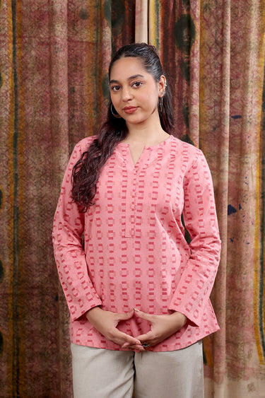 Rose Red Sanganeri Cotton Linen Women Kurti Long Sleeves WKILS253C26