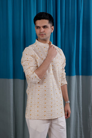 Mustard Sanganeri Natural Cotton Linen Men Short Kurta Full Sleeves MSKFS01264