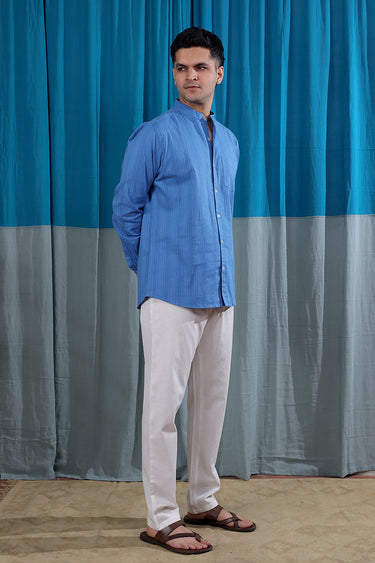 Deep Blue Dobby Stripes Natural Cotton Linen Men Shirt Full Sleeves MSHFS12255