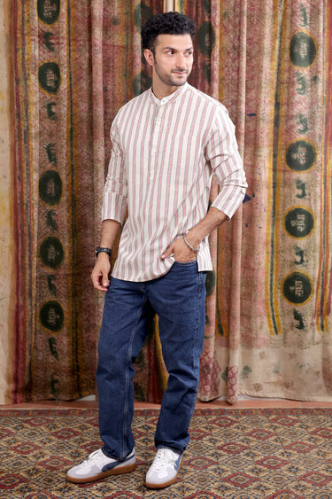 Ivory Stripes Cotton Linen Men Short Kurta Full Sleeves MSKFS252C61