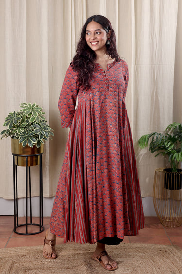 Rust Ajrakh Cotton Modal Women Ankle Kurta Long Sleeves WAKLS252C12