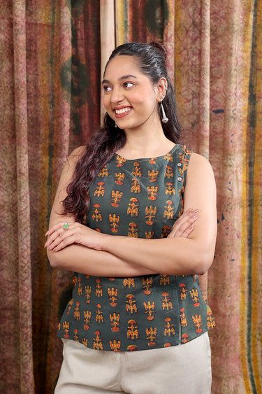 Green Dhabu Cotton Women Short Top Sleeveless WSTSL253C13