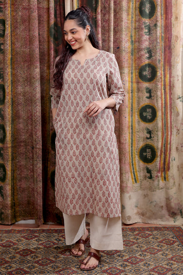 Rust Bagru Cotton Flax Women Long Kurta Long Sleeves WLKLS253C28