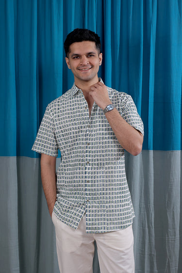 Green Blue Sanganeri Natural Cotton Linen Men Shirt