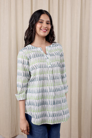 Green Sanganeri Cotton Women Kurti Long Sleeves WKILS252C12