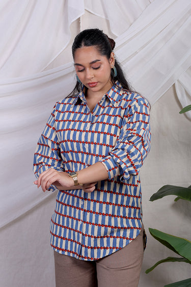 Blue Red Bagru Lite Cotton Flax Women Shirt