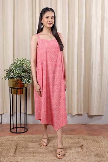 Pastel Pink Sanganeri Cotton Blend Women Midi Dress Sleeveless WDRSL252C10