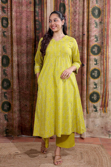 Bright Mustard Sanganeri Cotton Dobby Women Long Kurta Long Sleeves WLKLS253C65