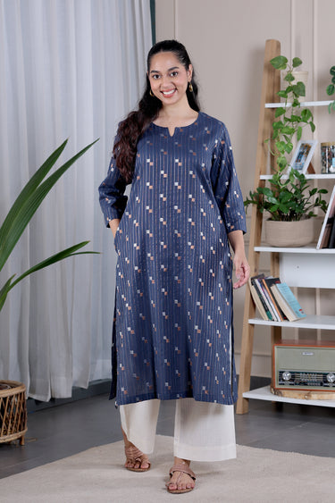 Midnight Blue Stripes Dobby South Cotton Women Long Kurta