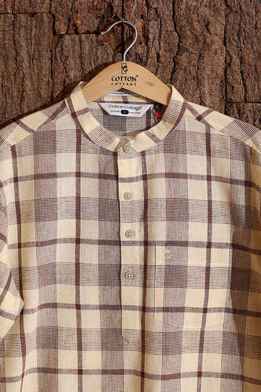 Brown Checks Cotton Linen Men Short Kurta Full Sleeves MSKFS253C11