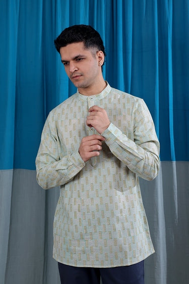 Sea Green Sanganeri Natural Cotton Linen Men Short Kurta