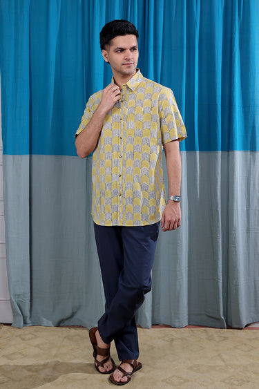 Mustard Sanganeri Natural Cotton Linen Men Shirt Half Sleeves MSHHS122515