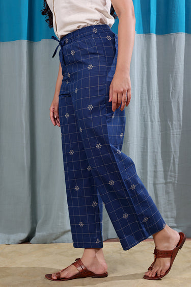Dark Blue Checks Dobby South Cotton Women Flared Pant