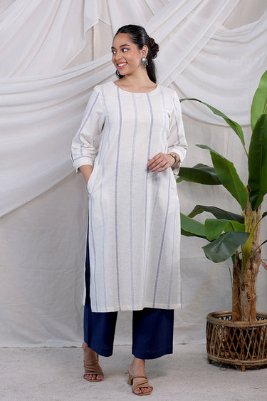 Blue Stripes Natural Cotton Linen Women Long Kurta