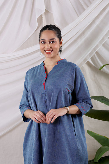 Indigo Blue Stripes South Cotton Flax Women Long Kurta