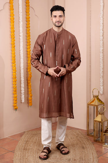 Brown Jaquard Buta Banarasi Silk Men Long Kurta Full Sleeves MLKFS252C56