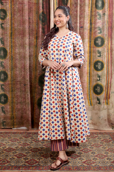 Rust Blue Bagru Fine Cotton Women Ankle Kurta Long Sleeves WAKLS252C49