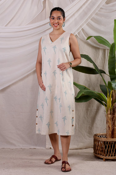 The Wayfinder Teal Blue Sanganeri Natural Cotton Linen Women Midi Dress