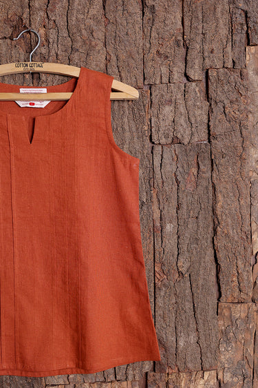 Burnt Brown Dyed Classic Cotton Linen Women Short Top Sleeveless WSTSL012613