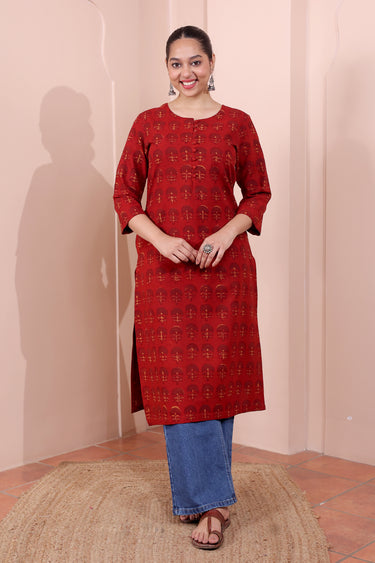 Rust Dhabu Cotton Women Long Kurta