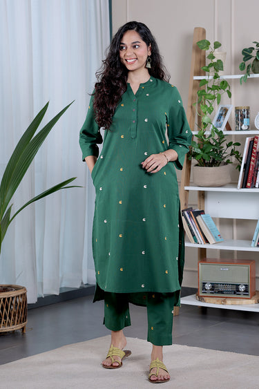 Forest Green Dobby South Cotton Women Long Kurta