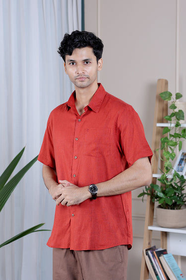 Brick Red Dyed Lyocell Linen Men Shirt